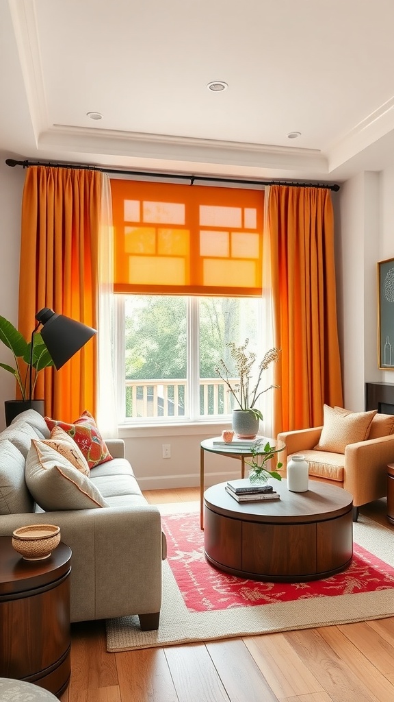 A stylish living room featuring bold orange window treatments with a cozy sofa and modern decor.