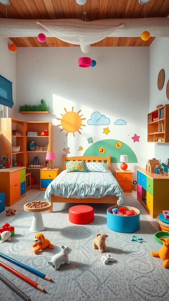 A colorful playroom for toddlers with pink walls, vibrant furniture, and playful decorations.