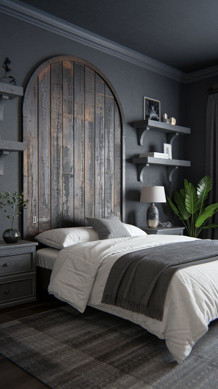 A moody bedroom with charcoal gray walls, featuring a large distressed wood headboard and matching floating shelves.