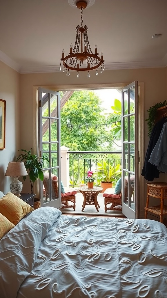 A cozy bedroom with a view of a balcony, featuring plants and seating.