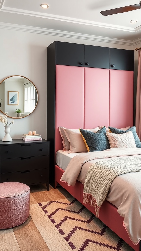 Stylish bedroom storage with black and pink boxes on shelves