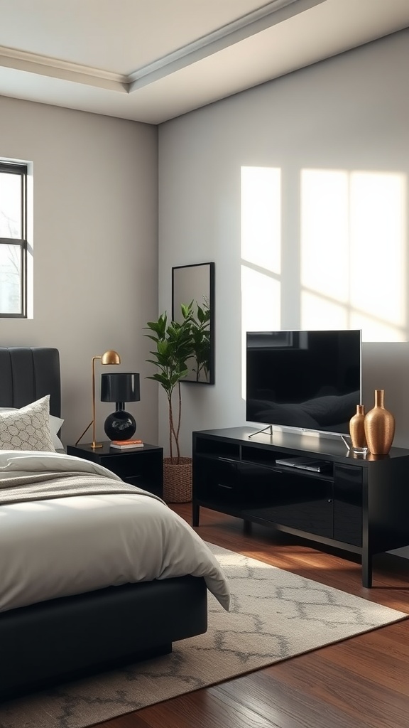 A modern bedroom featuring black furniture, including a bed, nightstand, and TV console, with warm wooden floors and decorative accents.