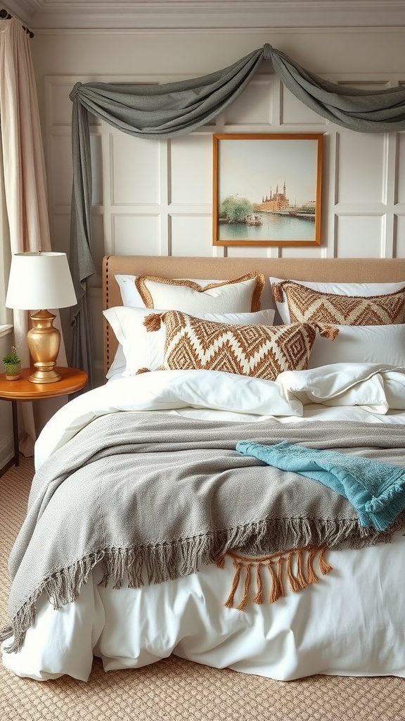 A beautifully layered bed with soft white bedding and an earthy-toned throw.