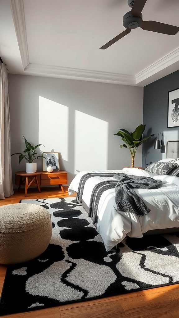 A stylish black and white rug in a modern bedroom with a cozy bed, ottoman, and plants.