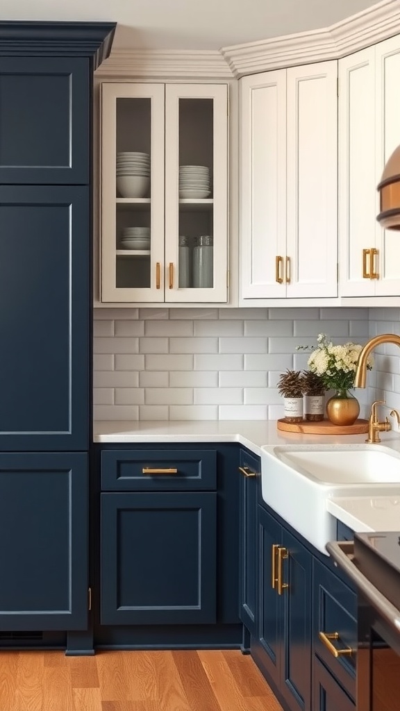 A chic kitchen featuring navy blue cabinets with gold handles and accents.