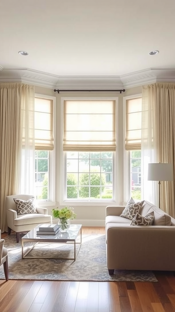 A cozy living room showcasing chic window treatments with soft drapes.