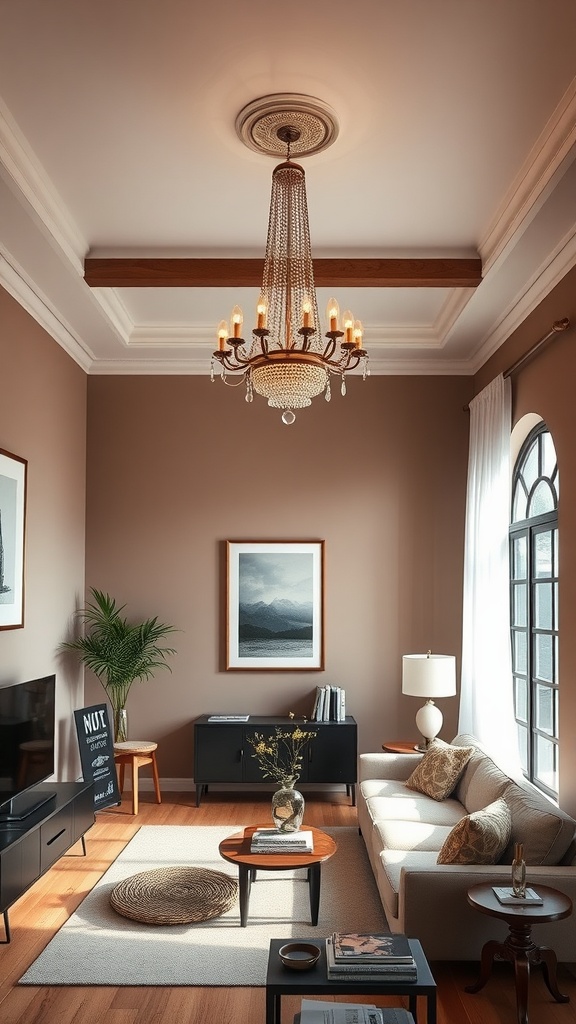 A stylish small living room featuring a statement chandelier, cream sofa, wooden coffee table, and decorative elements.