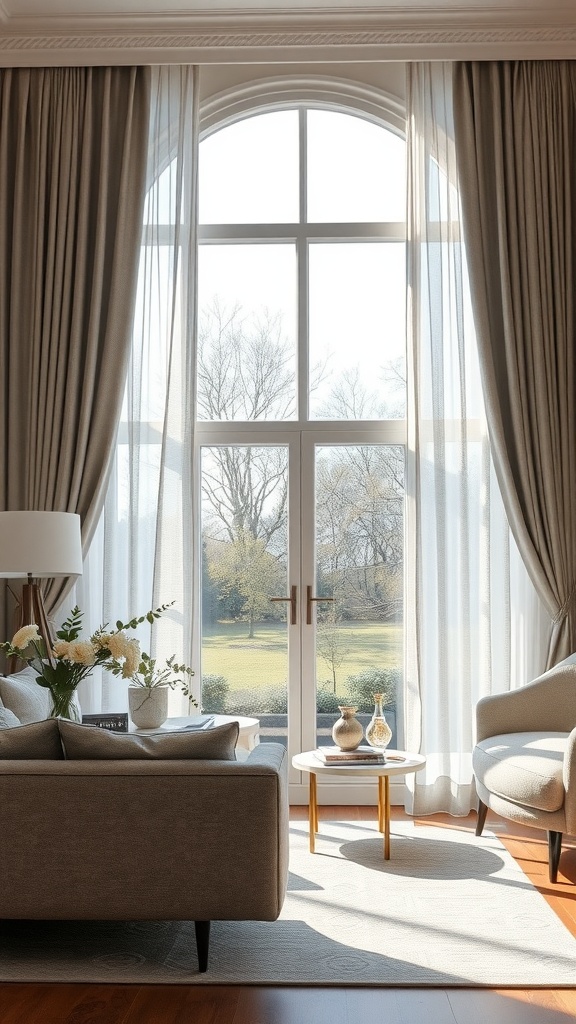 A neutral living room featuring a light grey couch and beige curtains with natural light streaming through.