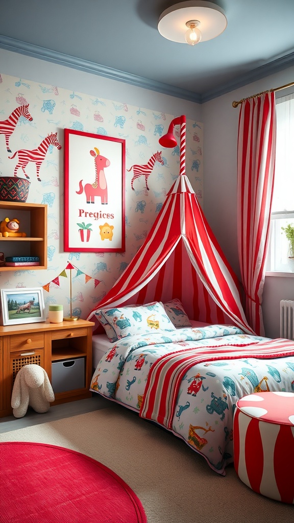 A toddler boy bedroom with circus theme featuring a striped tent, animal prints on bedding, and playful decor.