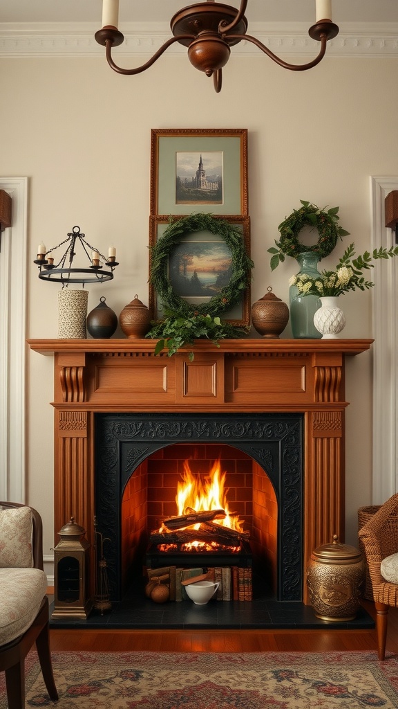 Cozy traditional living room featuring a classic fireplace with a warm fire.