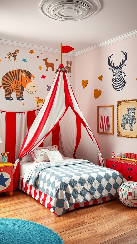 A toddler boy bedroom with storybook-themed decor, colorful illustrations, a cozy bed, and a small bookshelf.