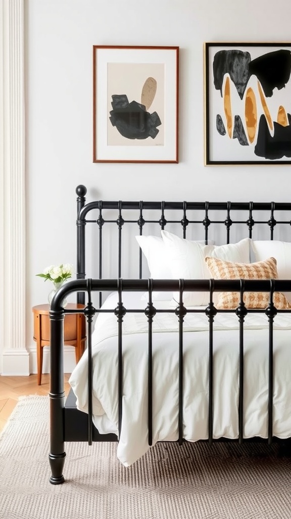 A bedroom featuring a black bedframe with white bedding, a wooden nightstand, and a lamp.