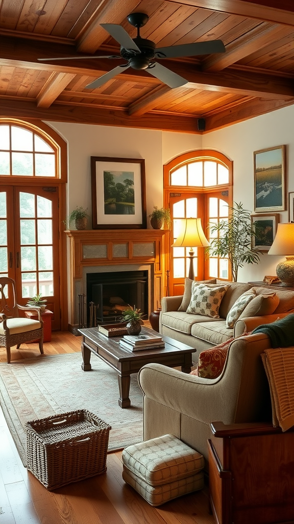 Cozy traditional living room with wood accents, fireplace, and comfortable seating.