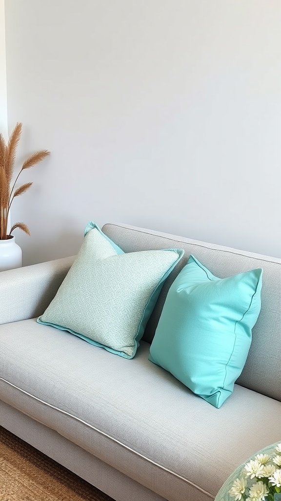 A light grey couch with seafoam accent pillows, surrounded by neutral decor.