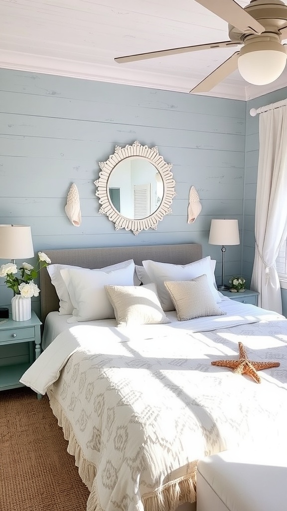 A cozy bedroom featuring coastal decor with soft ocean hues.