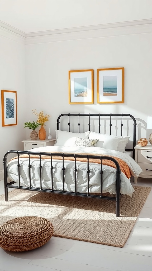 A cozy bedroom with a black bedframe, white bedding, coastal-themed artwork, and a natural rug.