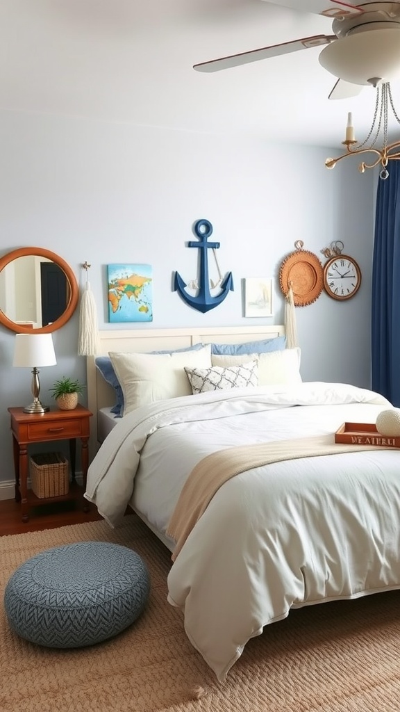 A nautical themed bedroom with an anchor on the wall, warm wood furniture, and blue accents.