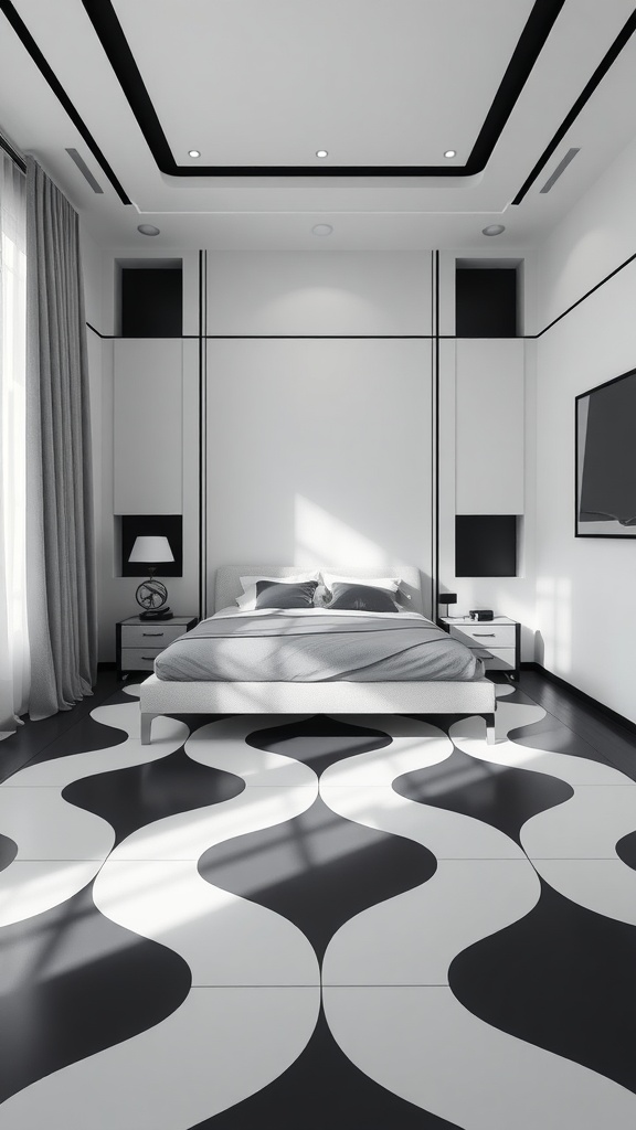 Modern black and white bedroom with a unique wavy floor design.