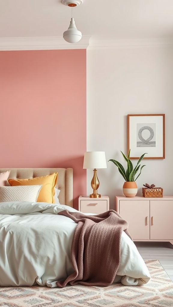 Before and after images of a bedroom showcasing a color palette transformation.