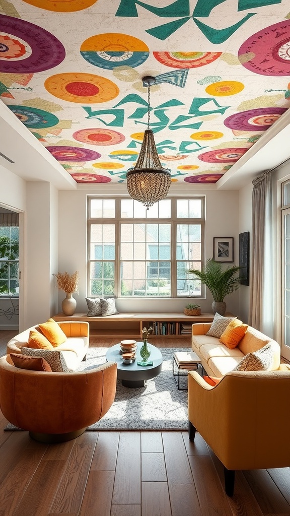 A stylish living room featuring a colorful patterned ceiling, bright furniture, and a cozy layout.