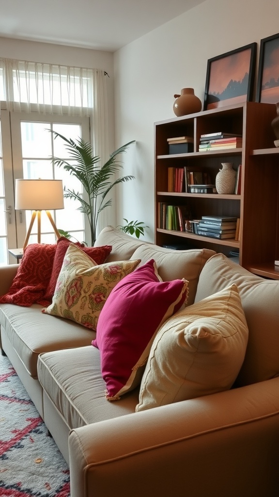 Cozy living room with colorful throw pillows on a sofa