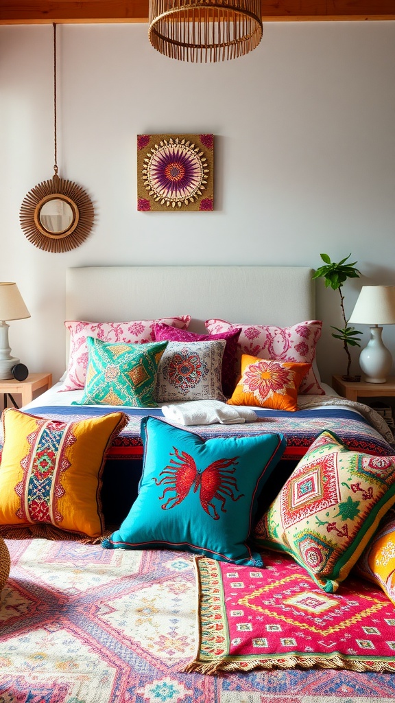 A boho bedroom featuring colorful throw pillows on a bed, showcasing vibrant designs and patterns.