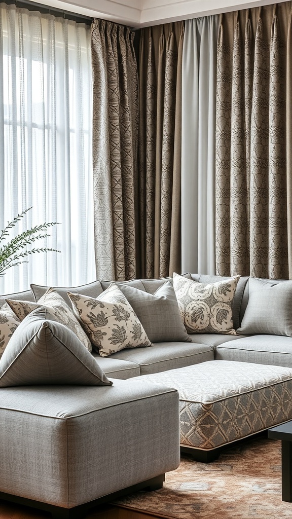 Gray and beige living room with a light grey couch and patterned pillows