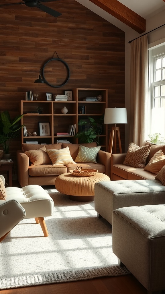 A cozy traditional living room with a soft color palette, featuring a round ottoman and plush seating.