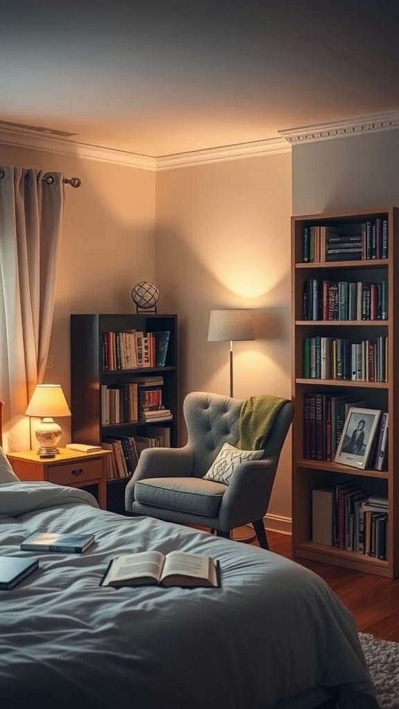 A cozy bedroom reading nook with a chair, lamp, and bookshelves.