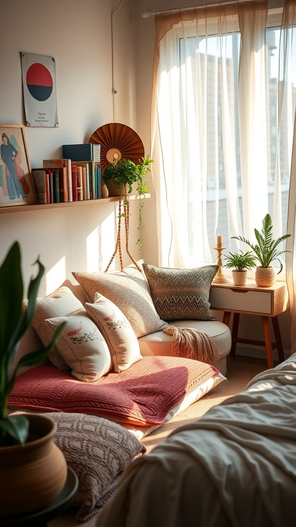 A cozy reading nook featuring soft pillows, plants, and books, bathed in warm sunlight