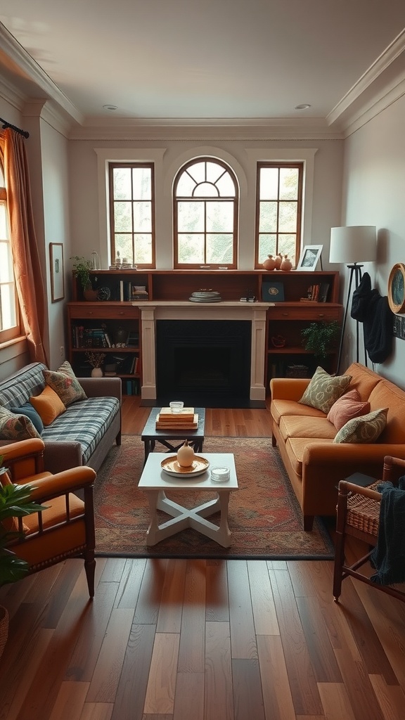 Cozy living room with a striped sofa, orange couch, and natural light from large windows.