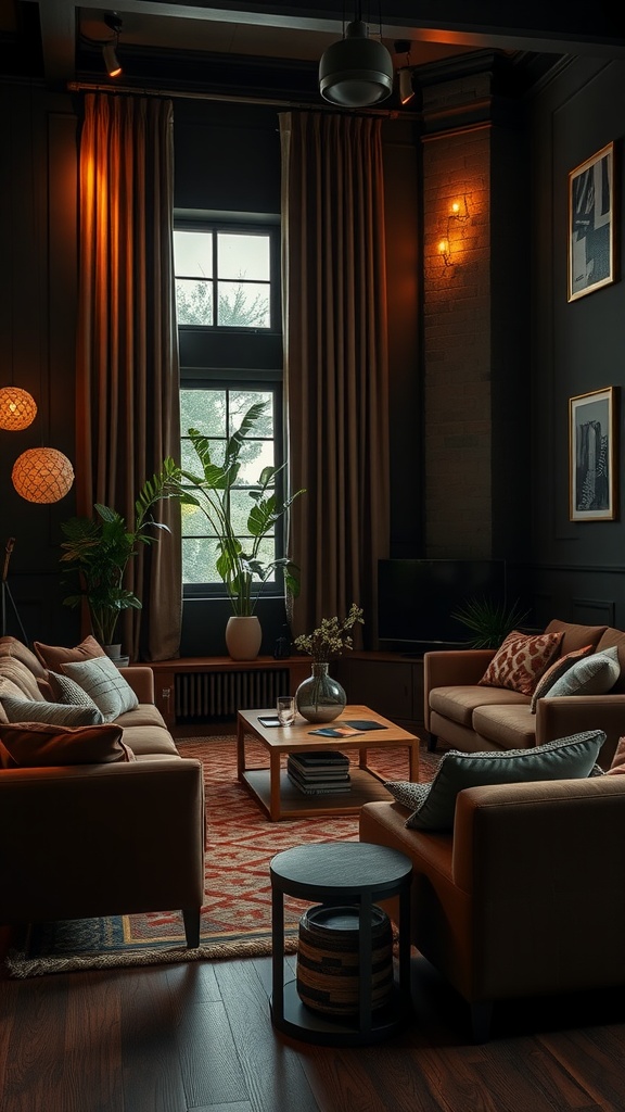 Cozy dark earthy living room with plush seating, warm lighting, and plant decor.