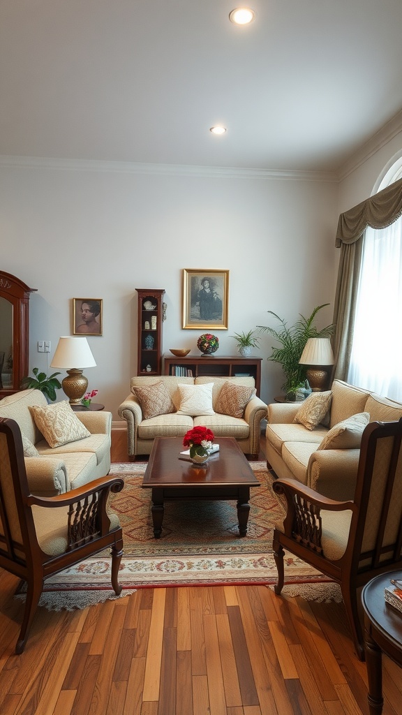 cozy traditional living room with comfortable seating arrangements for family gatherings