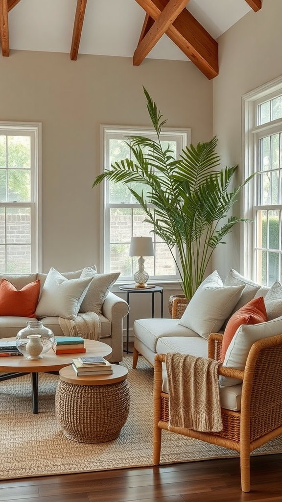 A cozy living room with natural fabrics, featuring light sofas, cushions, a wooden coffee table, and plants.