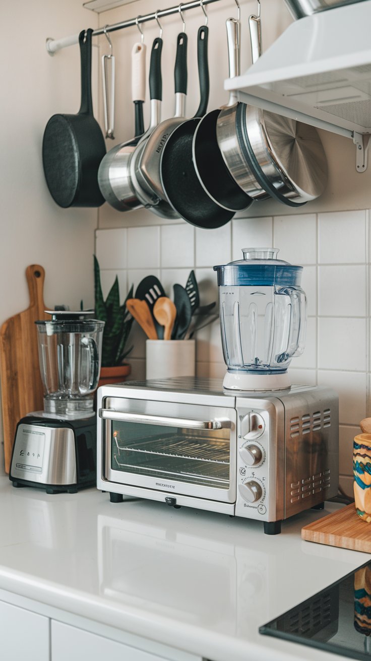 A compact toaster oven sits on a clutter-free countertop in a small kitchen, surrounded by neatly organized cooking utensils and hanging pots and pans