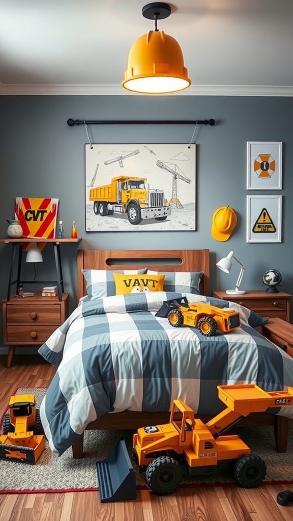 A toddler boy's bedroom decorated in a construction theme, featuring toy trucks, construction hats, and mountain-shaped decor.