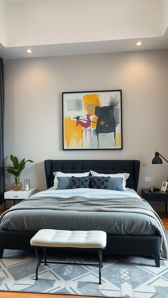 A modern bedroom featuring a black bedframe and contemporary art on the wall.