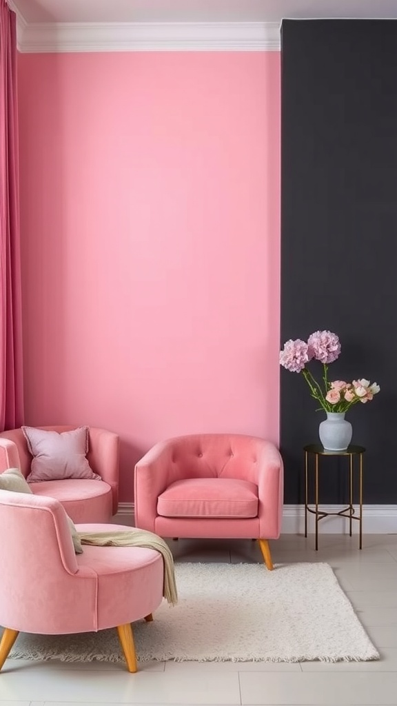 A cozy pink and black bedroom featuring a black accent wall and pink furniture.