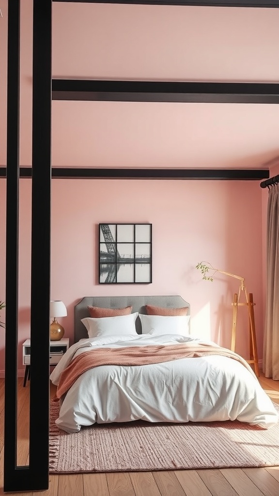 A pink and black themed bedroom featuring black ceiling beams, a gray bed, and natural light.