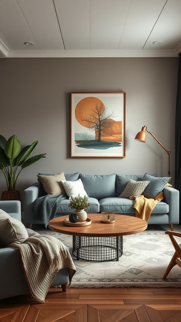 A cozy living room featuring a blue sofa, wooden coffee table, and warm accessories.