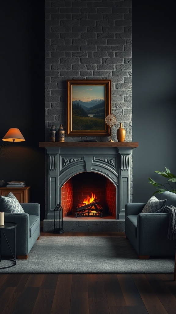 A cozy living room with a stone fireplace, blue couches, and a warm atmosphere.