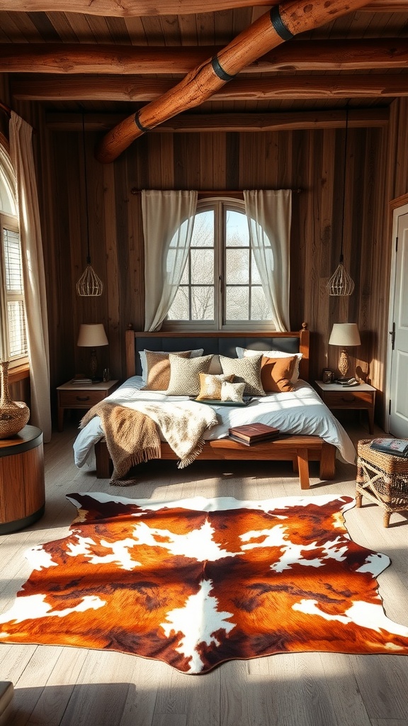 A western boho bedroom featuring a cowhide rug, wooden furniture, and soft fur accents.