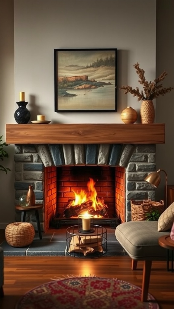 Cozy living room with a stone fireplace, handmade wooden mantle, and warm decor.