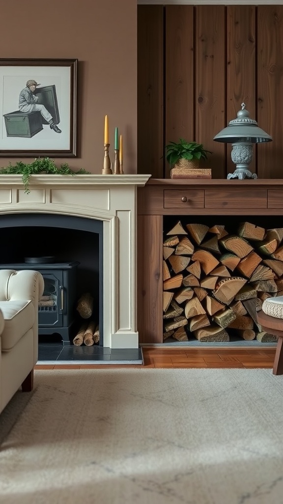 A cozy living room featuring a stylish firewood storage area next to a fireplace.