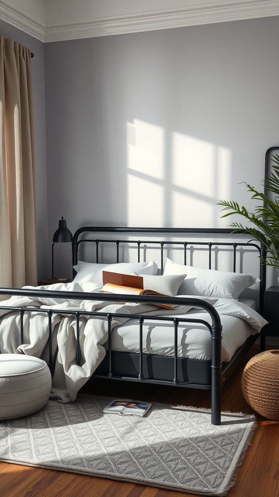 Cozy bedroom featuring a black bedframe, soft bedding, and a warm atmosphere