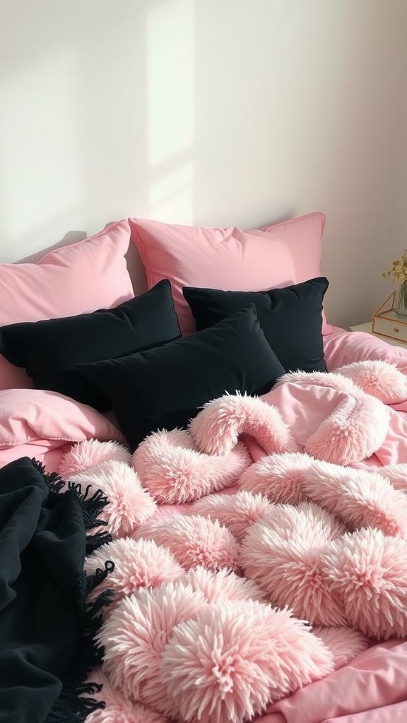 Cozy pink bedding with fluffy pillows and a black accent blanket.