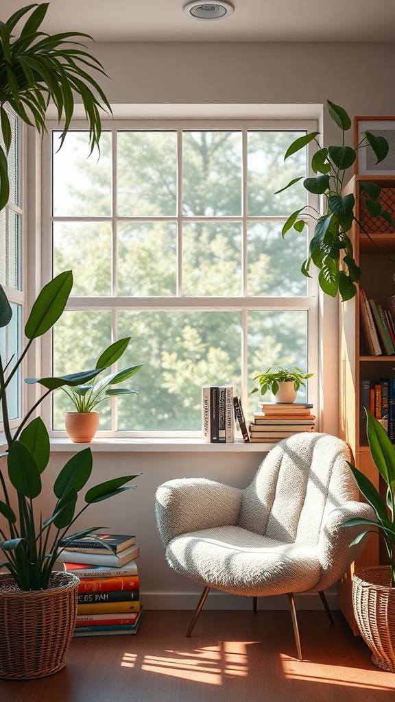 A cozy reading nook with a plush chair, books, and plants by a sunny window.