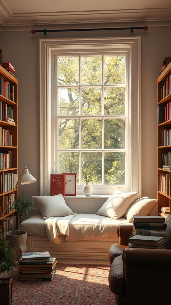 Cozy reading nook with large window, natural light, and bookshelves