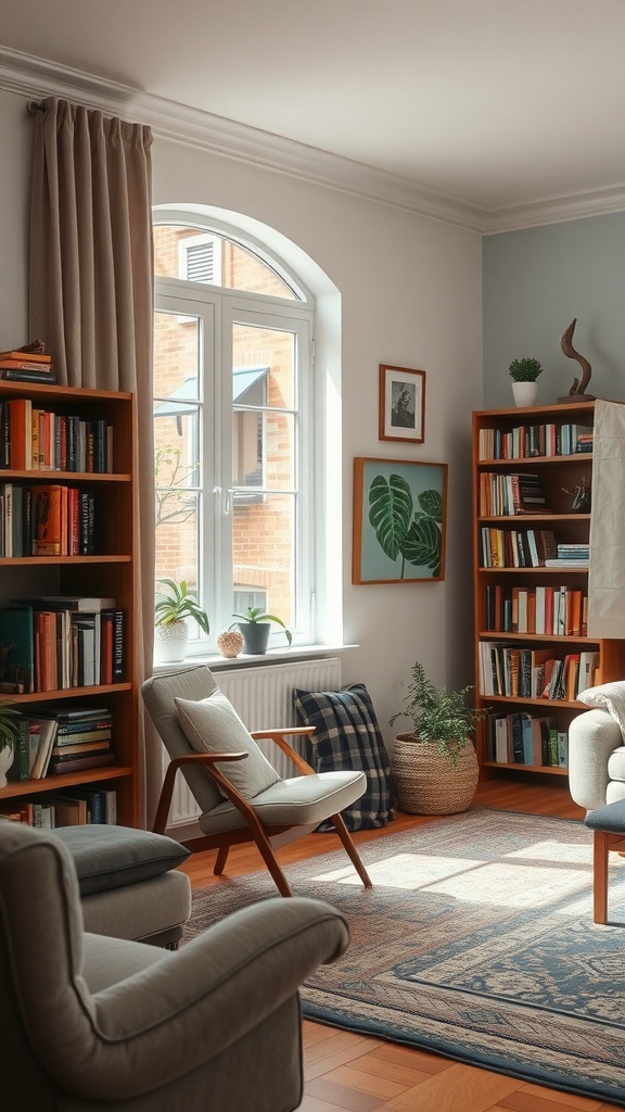 A cozy reading nook with a chair, bookshelf, and plants in a living room.