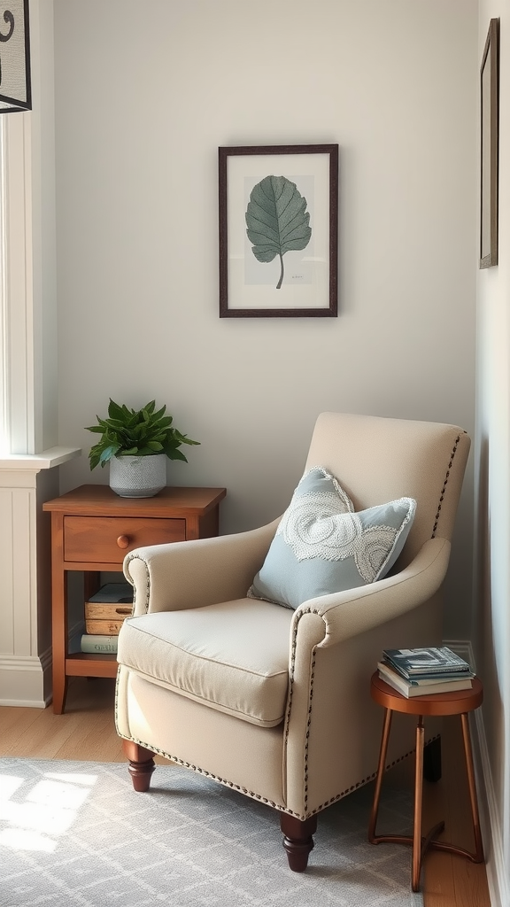 Cozy reading nook with light gray armchair, decorative pillows, and a small bookshelf.